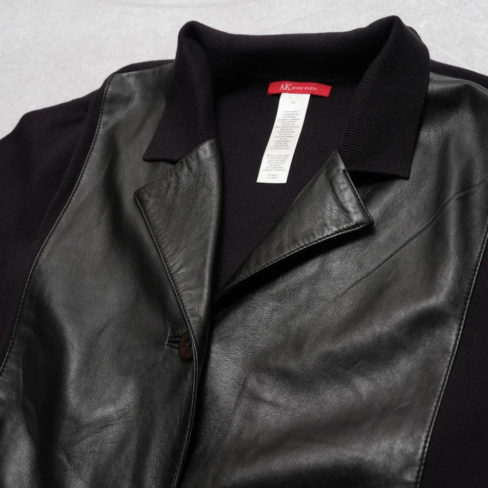 Anne Klein Womens 2X Black‎ Leather Mixed Media Moto Style Jacket